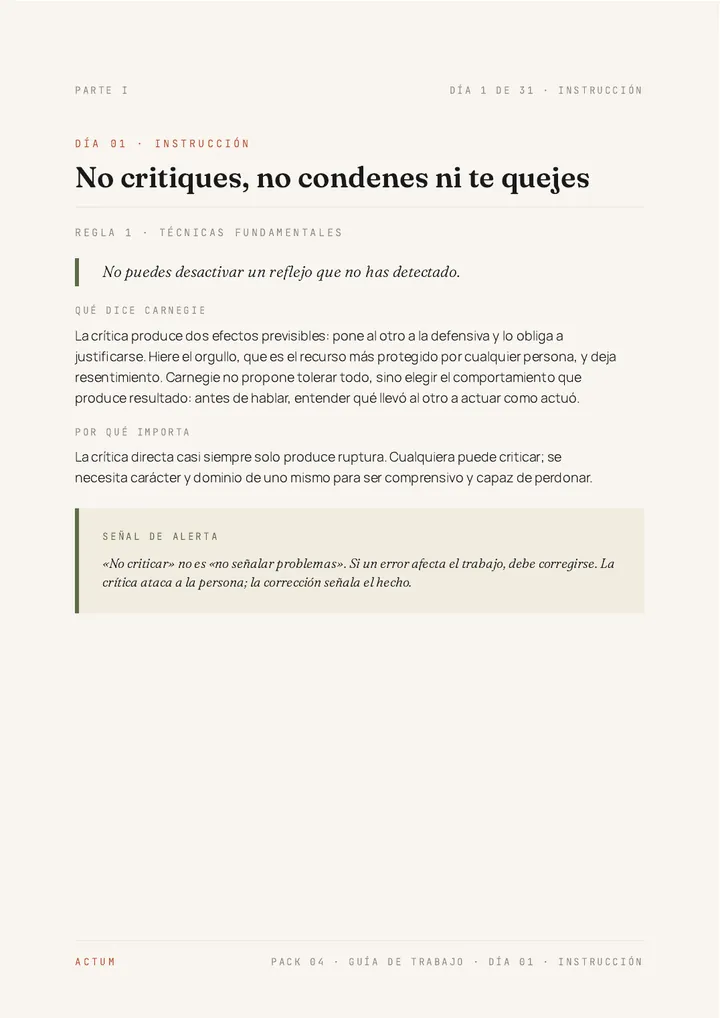 Página de instrucción del Día 1 de la Guía de Trabajo de «Cómo ganar amigos e influir sobre las personas»