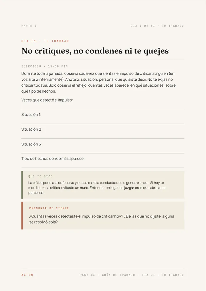 Página de trabajo del Día 1 de la Guía de Trabajo de «Cómo ganar amigos e influir sobre las personas»