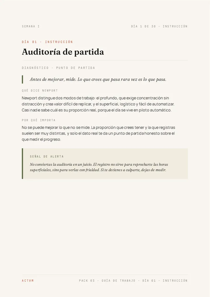 Página de instrucción del Día 1 de la Guía de Trabajo de «Céntrate (Deep Work)»