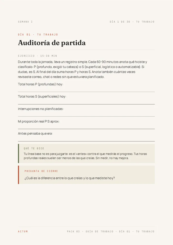 Página de trabajo del Día 1 de la Guía de Trabajo de «Céntrate (Deep Work)»