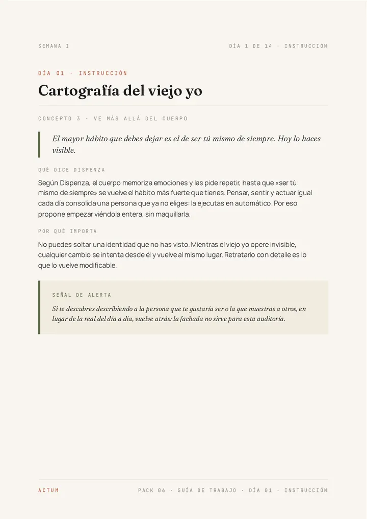 Página de instrucción del Día 1 de la Guía de Trabajo de «Deja de ser tú»