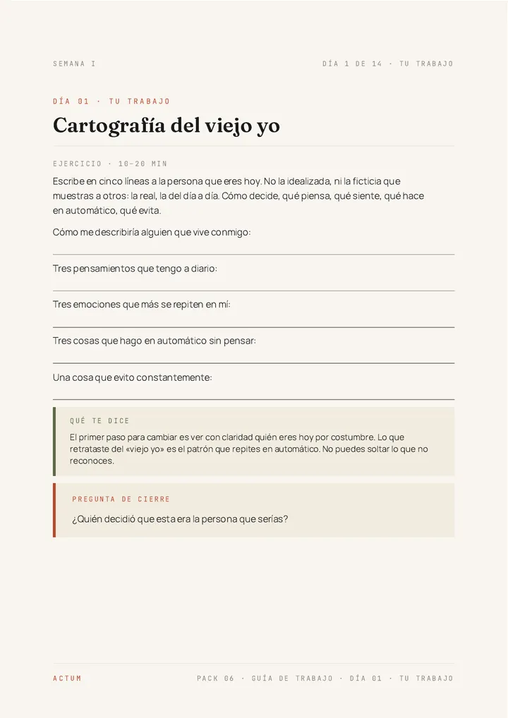 Página de trabajo del Día 1 de la Guía de Trabajo de «Deja de ser tú»