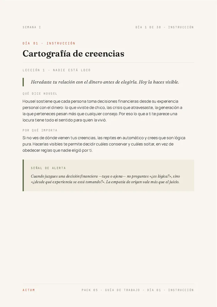 Página de instrucción del Día 1 de la Guía de Trabajo de «La psicología del dinero»