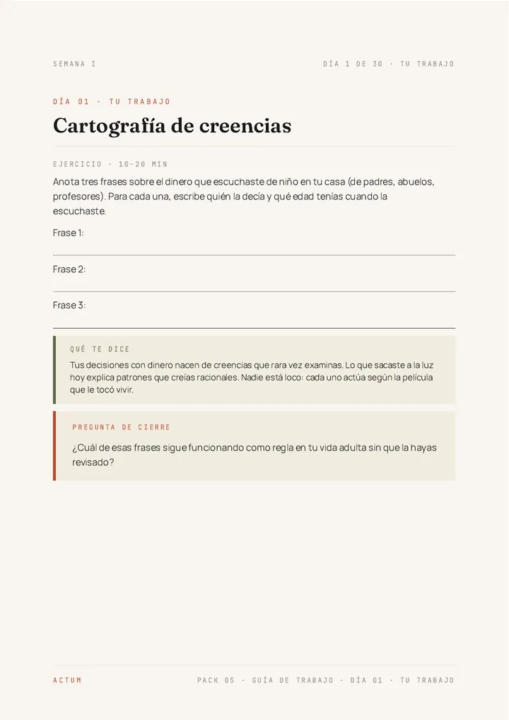 Página de trabajo del Día 1 de la Guía de Trabajo de «La psicología del dinero»