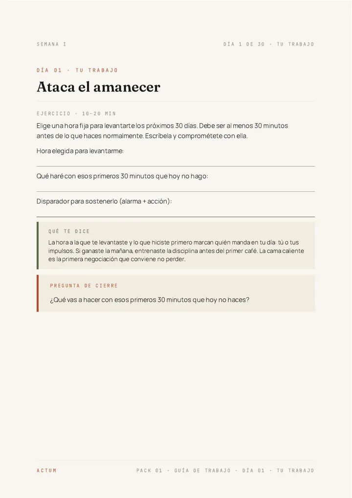 Página de trabajo del Día 1 de la Guía de Trabajo de «La disciplina marcará tu destino»