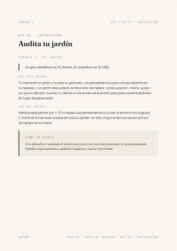 Página de instrucción del Día 1 de la Guía de Trabajo de «El monje que vendió su Ferrari»