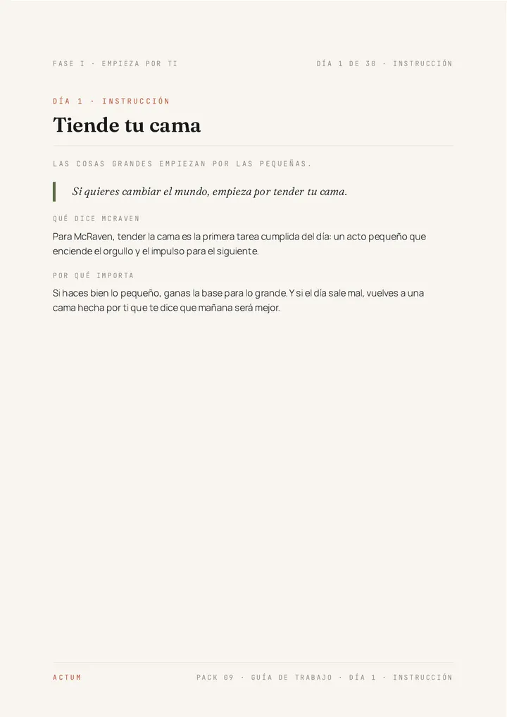 Página de instrucción del Día 1 de la Guía de Trabajo de «Tiende tu cama»