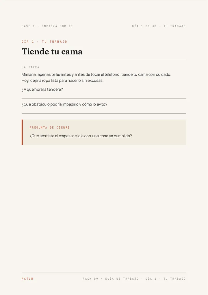 Página de trabajo del Día 1 de la Guía de Trabajo de «Tiende tu cama»